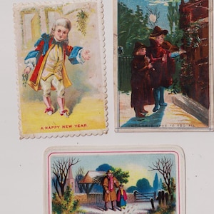 Groupes de figurines, neige, gui, cartes de vœux victoriennes/éphémères, lot de 3, vers 1890