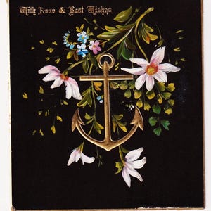 Delizioso biglietto d'auguri antico vittoriano, con amore e auguri, ANCORA e FIORI, circa 1890