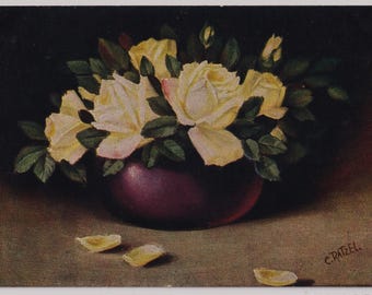 BLUSH ROSES in Vase, Antique Artist Postcard, C Ratzel, c1910