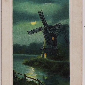 « By the Silver Stream » d'Henry Whitroy - Carte postale d'artiste ancienne de 1907 avec moulin à vent et pleine lune