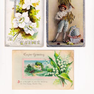 PASQUA, CROCE e FIORI, Bambino, Uova, Cartoline religiose pasquali antiche, lotto di 3, anni 1910-20