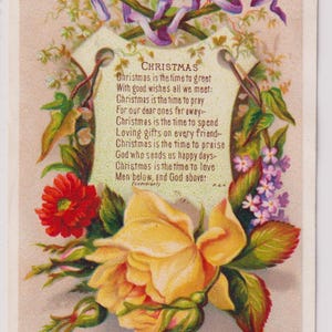 GELE ROZEN en bloemen, Victoriaanse kunstenaar kerstwenskaart/schroot, Marcus Ward, jaren 1890