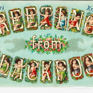 Cartolina d'artista antica, c. 1909, Dolci piccoli CUPIDI, Saluti da BLACKPOOL, Buon Natale, Hodges City Arcade, Birmingham