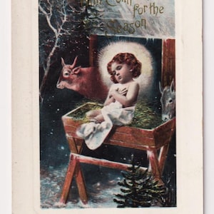 Antike 1912 Weihnachtsecht Foto Postkarte: Jesuskind in Krippe mit Kuh und Esel
