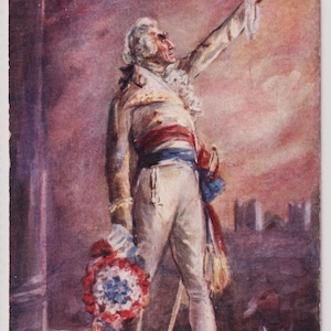 May include: An illustration of a man in a white coat, red sash, and blue sash, raising his arm. He holds a tricolor rosette. The background is a blend of pink and purple hues, with a suggestion of a cityscape.