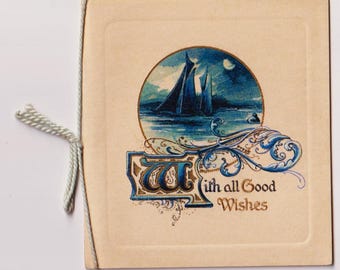 SAILBOAT in the MOONLIGHT, Antique CHRISTMAS Folded Card, Raphael Tucks, c1900
