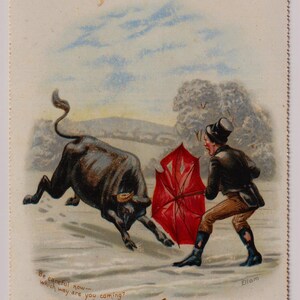 Victoriaanse kerstwenskaart/schroot, man met rode paraplu en stier!, kunstenaar: Ellam, 1890