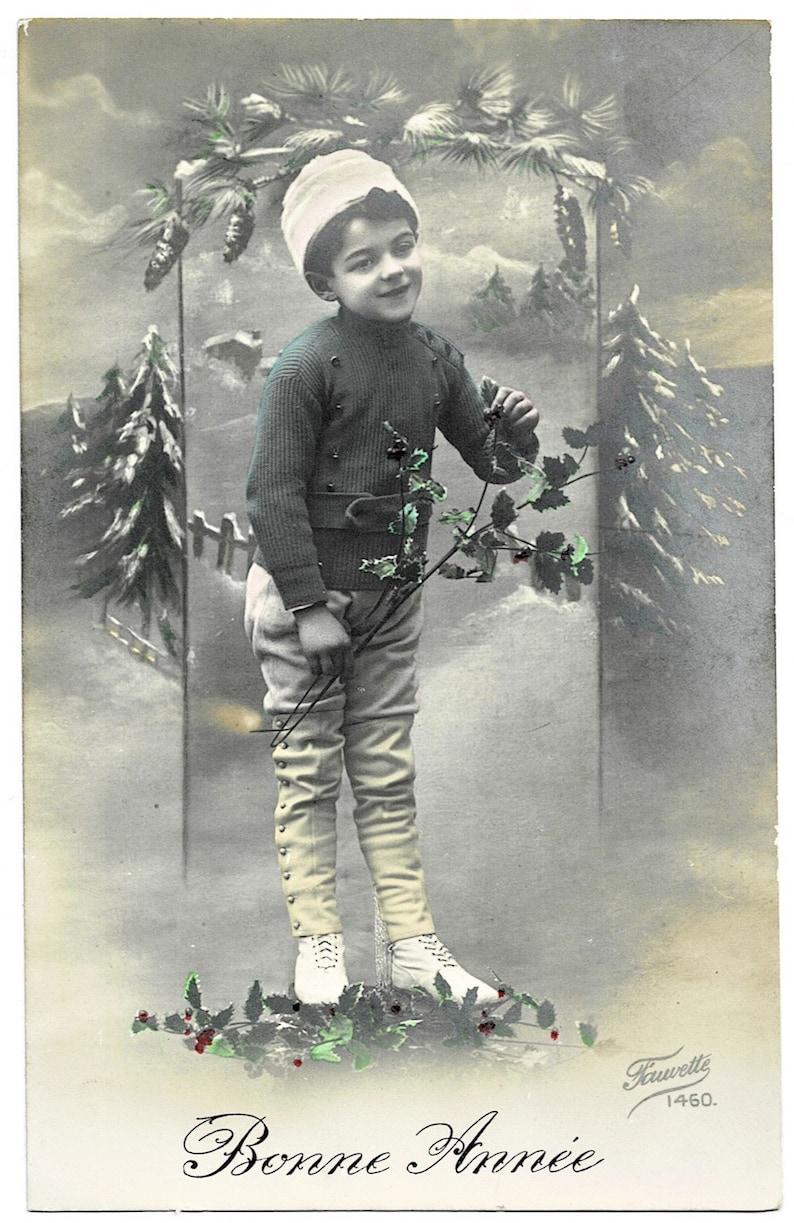 cWW1 Winter FASHION Vintage FRENCH Real Photo Postcard Holly Bonne Annee Sweet Little BOY