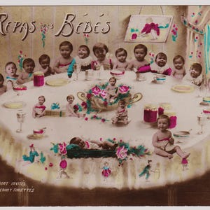 Antica cartolina francese, c. 1910, NEMINI MULTIPLI, Festa dei neonati! Piuttosto surreale!