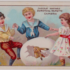 Carta commerciale francese vittoriana, circa 1890, CHOCOLAT INIMATABLE, Bambini con uovo e LEPRE/Coniglio