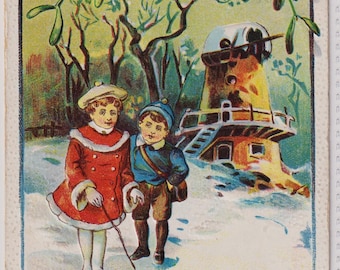 Antique 1910 New Year Postcard: Children in the Snow, Windmill, Mistletoe