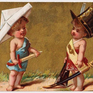 Victoriaanse kunstenaarskaart/schroot/ephemera, CHILDREN Playing SOLDIERS, gouden achtergrond, 1890
