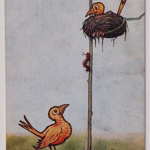 Le petit-déjeuner sera prêt dans une minute Chers oiseaux, nid, petite chenille, artiste Reg Carter, carte postale de bande dessinée ancienne de la Première Guerre mondiale, posté en 1915