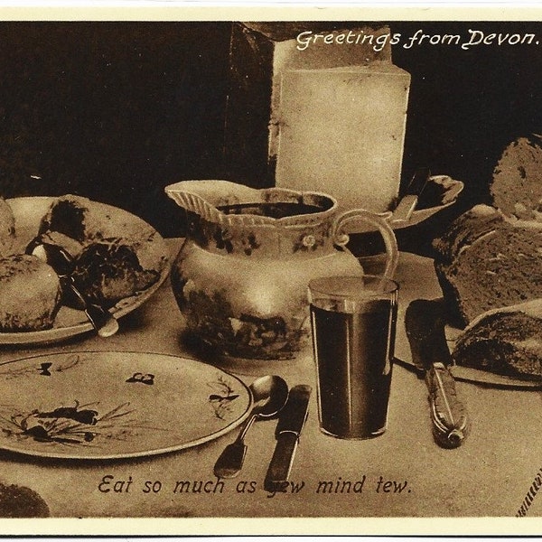 Eat so much as yew mind tew, Devon Dialect! Cheese, Buns, Beer, Vintage Postcard, Friths Series, c1930s