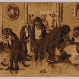 May include: Sepia-toned illustration depicting anthropomorphic monkeys in a formal setting. Monkeys are dressed in suits and dresses, engaged in various activities. The scene includes a framed portrait and ornate decorations, suggesting a social gathering.