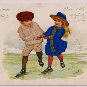 Antieke Victoriaanse kerstkaart met reliëf/Ephemera, KINDEREN SCHAATSEN, stoffen/zijden appliqué, 1890