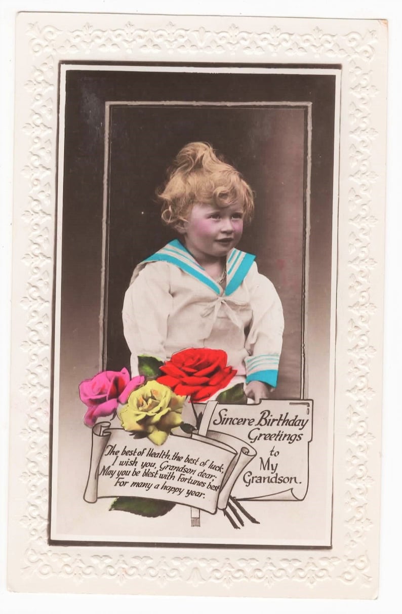 CHILD in Sailor Suit Vintage BIRTHDAY Real Photo Postcard Grandson c1920s Curly Hair