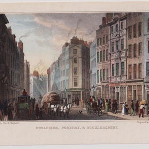 CHEAPSIDE, POULTRY and BUCKLERSBURY, London, Busy Street Scene, Genuine Victorian Antique Print, T.H. Shepherd/ W Wallis, c1830s