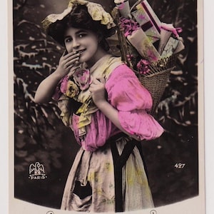 Donna FRANCESE GLAMOUROUS, regali, moda adorabile, Bonne Annee, cartolina fotografica francese antica, 1908