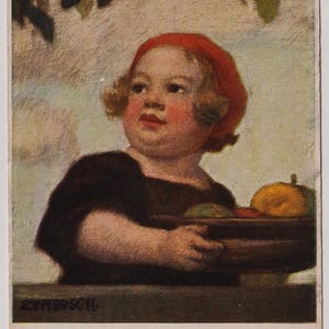 Antike deutsche Künstler Postkarte, Süßes kleines KIND mit Obstschale von L. Von Zumbusch, c1920