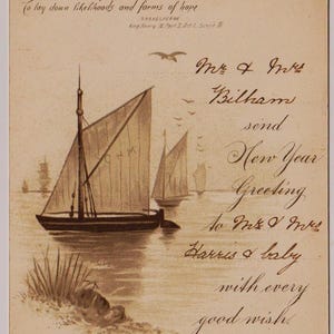 ZEILBOTTEN, SEA, Victoriaanse kunstenaar nieuwjaarskaart/schroot/ephemera, jaren 1890, Raphael Tuck & Sons