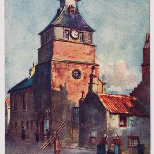 HTEL DE VILLE, CRAIL, carte postale ancienne d'artiste écossais, pub Cynicus, publiée en 1904