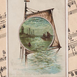 SAILBOATS, SEA, LIGHTHOUSE, Victorian Artist New Year Card/Scrap/Ephemera, c1890s