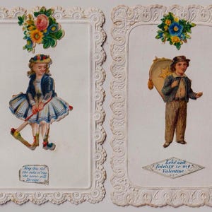 CARTE/RIMORSI vittoriani, BAMBINI, bordi con pizzo, ragazzo e ragazza, lotto di 2, c1880-90