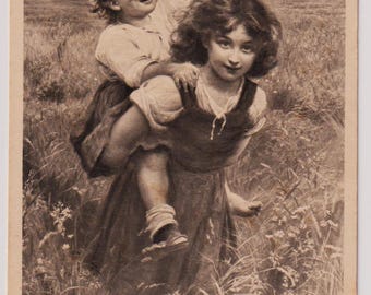 Postal antigua de artista, Hermanas a caballito, Fred Morgan, 1903