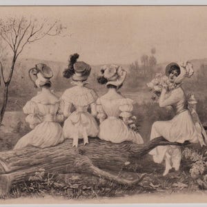 Antica cartolina d'artista del 1907, SIGNORE in un giorno di PRIMAVERA, costumi meravigliosi, M Munk, n. 257, Vienna