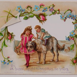 KINDER und Bernhardiner, Blumen, Die-Cut, S Hildesheimer, Antike viktorianische Weihnachtskarte/Ephemera, 1891