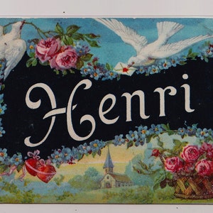Antica cartolina francese del 1910: "Henri" Romantiche colombe e rose, paesaggio francese