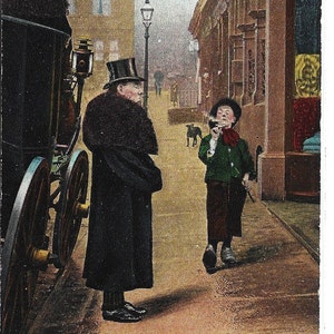 May include: Vintage postcard depicting a street scene with two men in top hats and a horse-drawn carriage. One man smokes a pipe. The text reads, "YOU NEEDN'T WAIT, 'ENERY, I'LL WALK HOME!" Copyright 1905, Bamforth & Co.