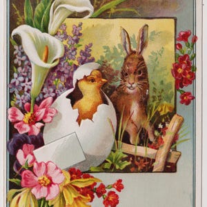 Victoriaanse handelskaart/schroot met reliëf, Bufford, 1888, KONIJN en kuiken in ei, bloemen, M Schwatrz & Co