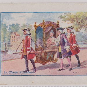 Antique French Artist Postcard, The SEDAN CHAIR, Transport Through the Ages, c1910s