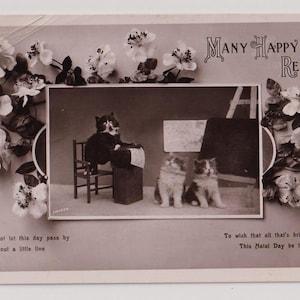 CHATONS dans la salle de classe, Nombreux retours heureux, Carte postale ancienne avec photo réelle, Éditions Hart, Publié en 1910