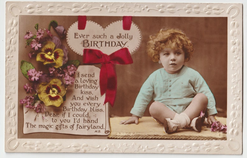 Nice Fashion c1920s Deckled border Vintage Real Photo Birthday Postcard Little BOY and FLOWERS