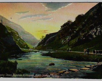 Stepping Stones, DOVEDALE, Ashbourne, North Stafford Railway, SUNSET, Vintage Artist Postcard, Posted 1908