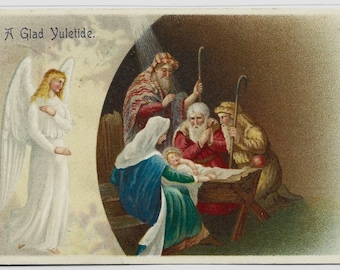 HOLY FAMILY and ANGEL, Delightful Vintage Embossed Christmas Postcard, Posted in 1908