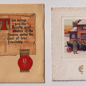 EDWARDIAN-wenskaarten/schroot/ephemera, lot van 2, oude auto en mooie kalligrafie en zegel, ca. 1907