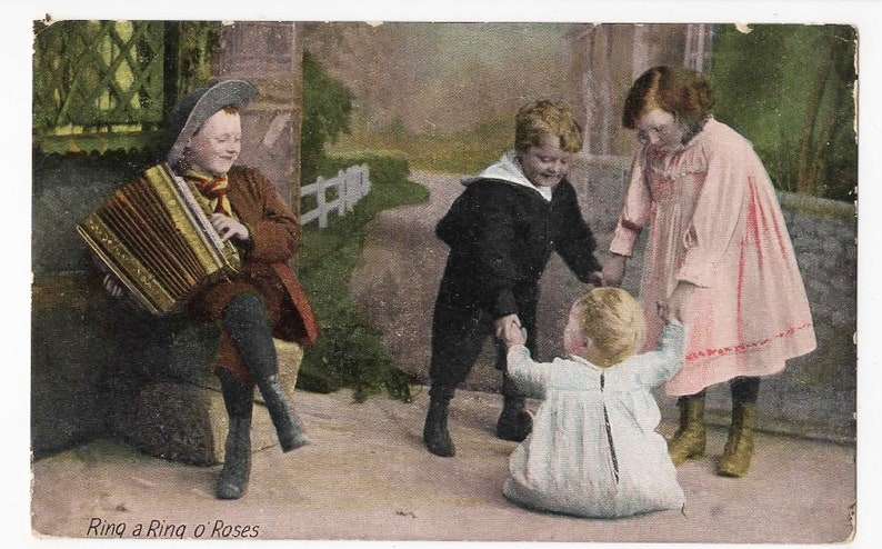ACCORDIAN Hand Cancelled PLAYING GAME Vintage Postcard c1905 Boys and Girl play Ring a Ring o/' Roses