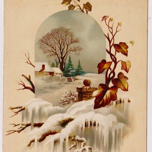 Victoriaanse nieuwjaarswenskaart/schroot/ephemera, oud huisje in besneeuwd landschap, jaren 1890
