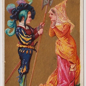 Antieke Victoriaanse kerstkaart/schroot, c1890, middeleeuwse dame met wacht, prachtige kostuums