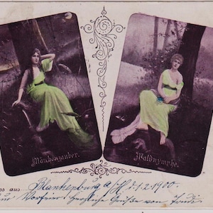 GLAMOURÖSE DEUTSCHE LADIES, Märchenzauber und Waldnymphe, Antike Deutsche Echtfoto Postkarte, L Bruhl, Berlin, Gesendet um 1900