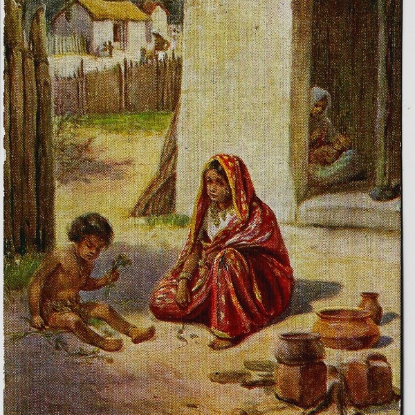 An INDIAN VILLAGE, Vintage Artist Postcard, E S Hardy, All British Picture Co, c1920