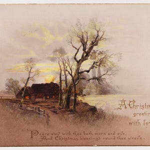 Victoriaanse kunstenaarskerstkaart/schroot/ephemera, c1890, huisje aan de rivier en mooie ZONSONDERGANG