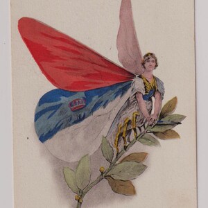 MONTENEGRO, Verbündete von WW1, reizende Frau mit Schmetterlingsflügeln, antike WW1 Künstler-Postkarte, "Les Allies", L Geligne, Paris