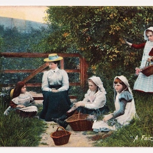 Ein Märchen, KINDER Versammeln Blüten, Körbe, Frau, Mode, Antike Postkarte, Geschrieben 1907