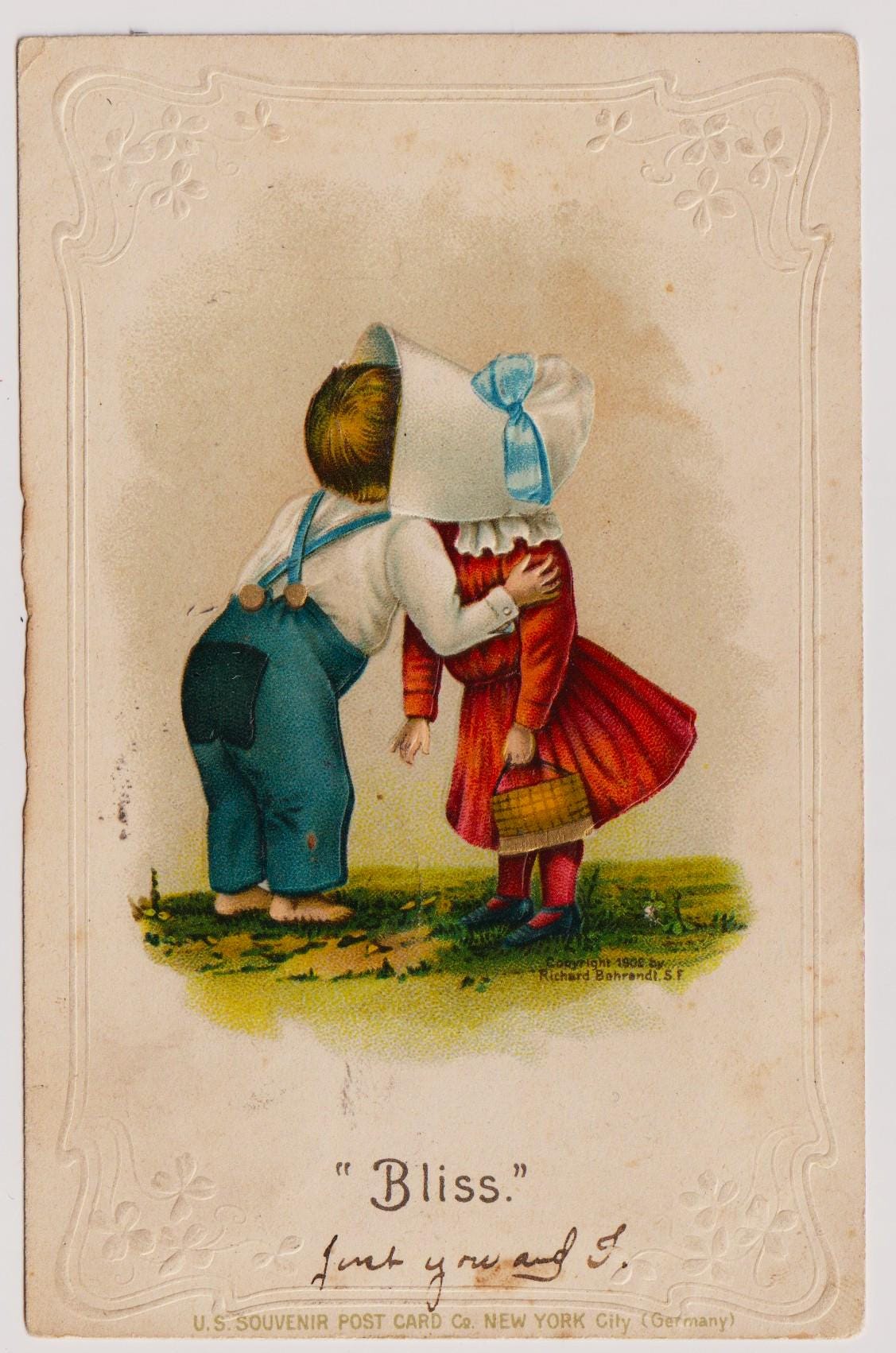 アンティークアーティストポストカード、至福、少女にキスをする少年