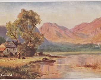 Postal antigua de artista, LLYN CRAFNANT, Gales, Cabaña junto al lago, montañas, década de 1910, Hildesheimer